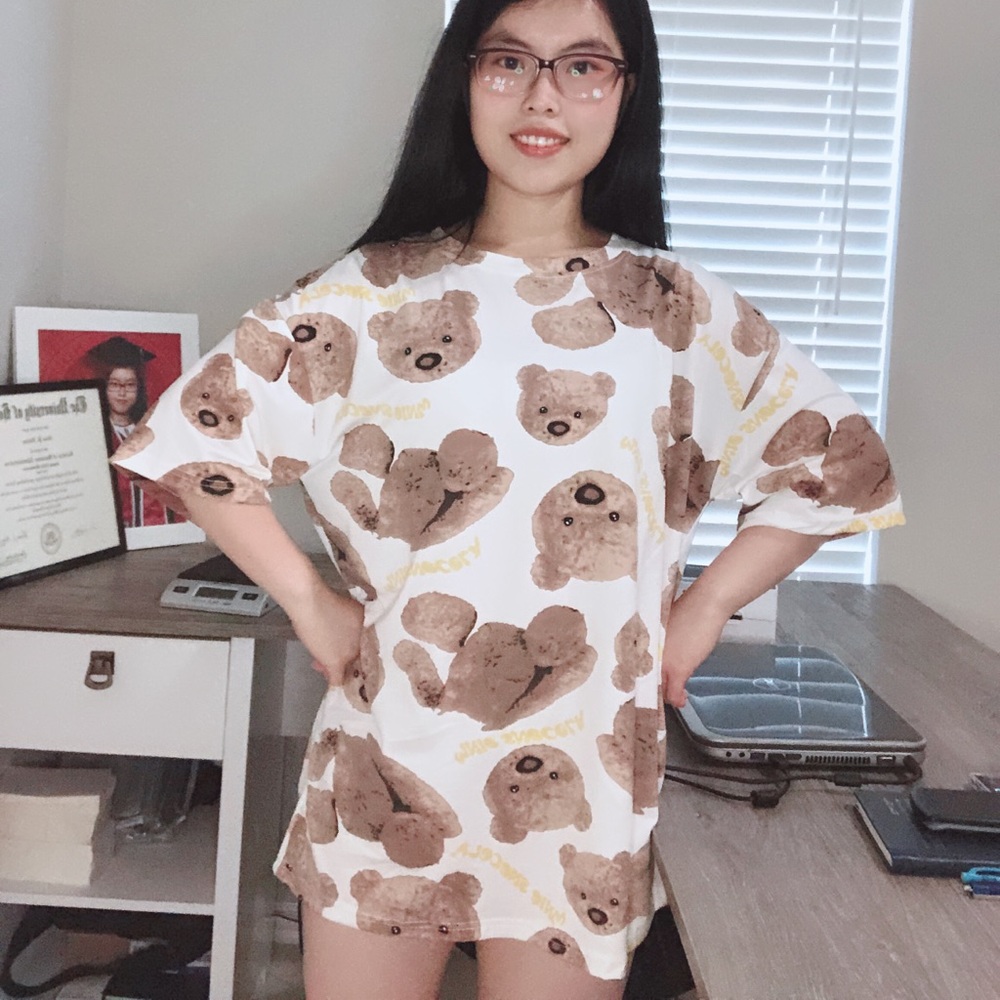Women unisex oversize loose short sleeve black white teddy bear tshirt dress top